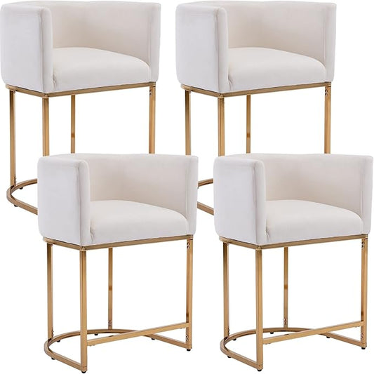 Modern Counter Height Velvet Upholstered Bar Stools Set of 4, 24" Kitchen Counter Island Stools Bar Chairs with Gold Metal Frame for Kitchen Island, Cream
