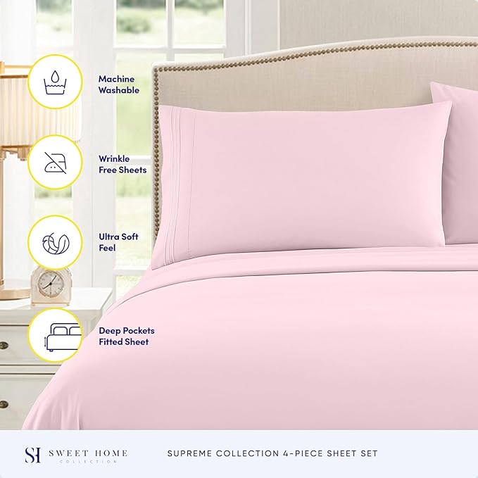RV Queen Bed Sheets - Breathable Luxury Sheets with Full Elastic & Secure Corner Straps Built In - 1800 Supreme Collection Extra Soft Deep Pocket Bedding Set, Sheet Set, RV Short Queen, Pale Pink