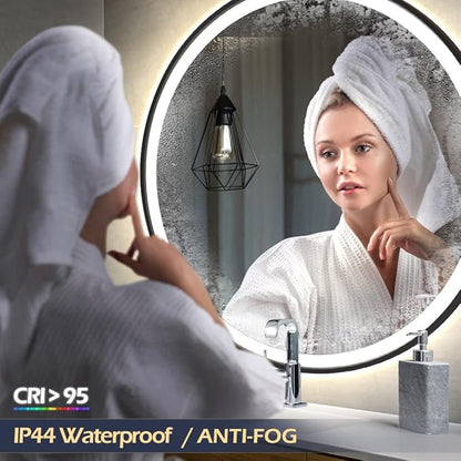 LED Sensor Mirror, Round Human Body Induction, Black Framed Vanity Mirror, Illuminated Dimmable Anti Fog IP44 Waterproof Wall Mounted Mirror (24" L x 24" W)