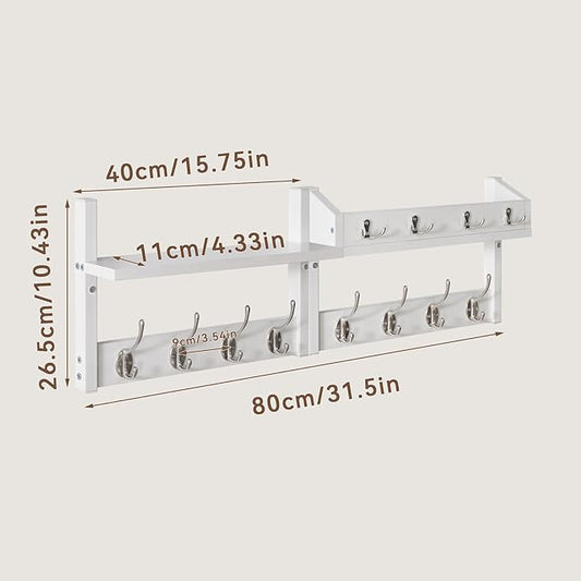 YMYNY 31.5" Coat Rack Wall Mount with Shelf, 4 in 1 Key and Coat Hanger with 12 Metal Hooks, Wall Shelf with Hooks & Mail Holder for Living Room, Bedroom, White, HWS007W-2