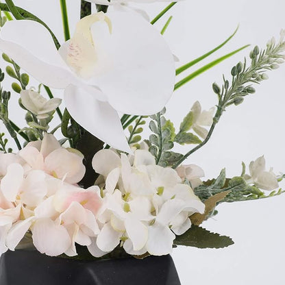 LESING Artificial Potted Orchid Flower for Table Centerpieces,Real Touch White Fake Orchid Flowers in Vase for Home Decoration (Style 2,Black Vase)