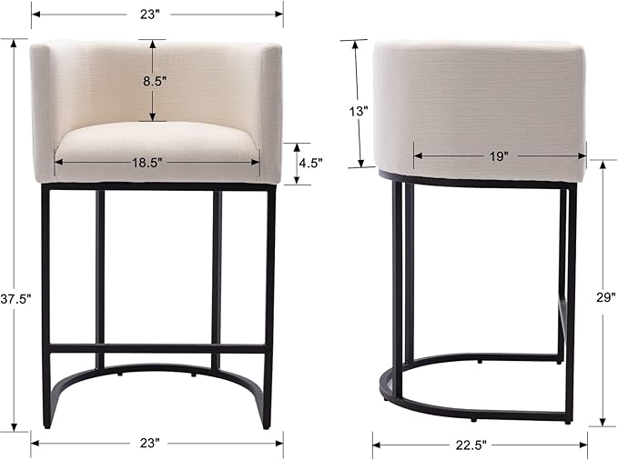 Modern Counter Height Linen Upholstered Bar Stool, 29" Kitchen Counter Island Stool Bar Chairs with Black Metal Frame for Kitchen Island, Cream