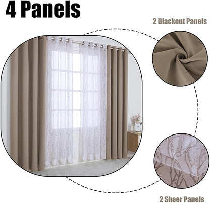 BONZER Mix and Match Curtains - 2 Pieces Branch Print Sheer Curtains and 2 Pieces Blackout Curtains for Bedroom Living Room Grommet Window Drapes, 37x63 Inch/Panel, Taupe, Set of 4 Panels
