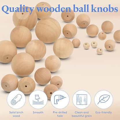 Natural Wood Drawer Pulls - 25 Pack, 2 Inch Round, Unfinished, Ball Shaped, Nursery Dresser & Cabinet Knobs