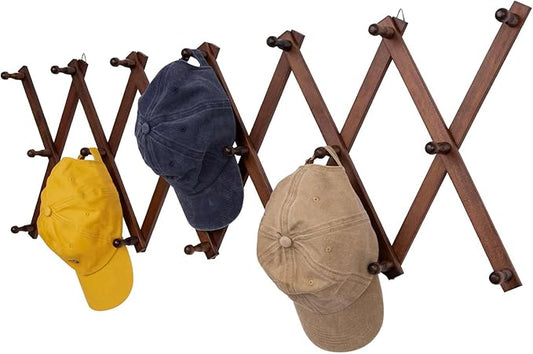 Accordion Wall Hanger with 20 Hooks, Expandable Wall Hat Display Rack, Wooden Wall Hook for Coat, Hats, Baseball Caps, Coffee Mug, Jewelry(Brown)
