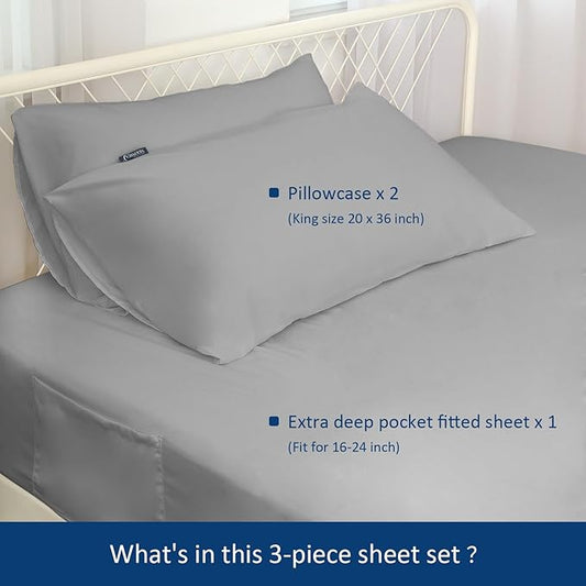 Deep Pocket King Sheet Set for Air Mattress - Extra Deep Pocket King Bed Sheet Set - 3Pcs Side Storage Pocket Fitted Sheet & Pillowcases Easily Fits 16in to 24in Pillow Top Air Bed Mattress(Grey)