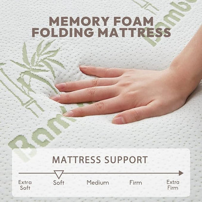 SINWEEK Memory Foam Folding Mattress, 4 Inch Foldable Trifold Mattress Topper, CertiPUR-US Certified Guest Bed with Cooling Cover & Waterproof Lining