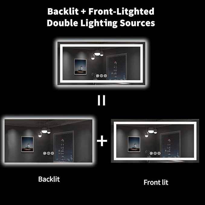 LOAAO 55X30 LED Bathroom Mirror with Lights, Anti-Fog, Dimmable, Backlit + Front Lit, Lighted Bathroom Vanity Mirror for Wall, Shatter-Proof, Memory Function, ETL Listed