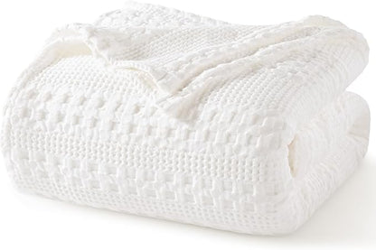 PHF 100% Cotton Waffle Weave Blanket Queen Size for Bed, Soft Lightweight & Breathable, All-Season Comfort, Luxury Aesthetic Woven Bedding for Home Decor, 90"x90", White