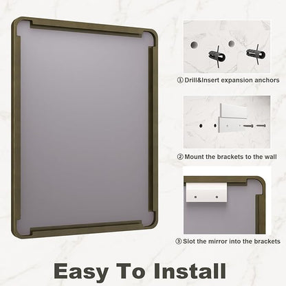 24x32 Inch Bronze Framed Bathroom Mirror, Brushed Bronze Metal Vanity Mirror, Bronze Rectangle Wall Mirror, Rounded Corner, Tempered Glass, Anti-Rust, Shatterproof (Horizontal/Vertical)
