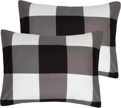 7 Piece Comforter Set Bag Solid Color All Season Soft Down Alternative Blanket & Luxurious Microfiber Bed Sheets, Full, Buffalo Plaid Black/White
