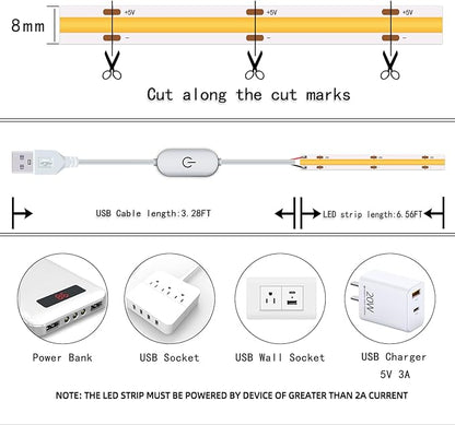 Led Strip Lights 5V USB 6.56ft/2m 640 LEDs Touch stepless Dimmable COB LED Strip Light 3000K Warm White 10W Flexible led Lights for Bedroom Kitchen, DIY Lighting Room Decor 5V LED TV Lights