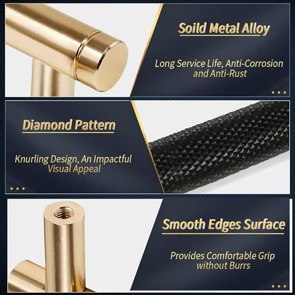 Knurled Cabinet Pulls 2 Pack, 3.5 Inch Long Cabinet Handles Metal Door Pulls, Kitchen Drawer Pull Knurled Dresser Handles - 2 1/2" Hole to Hole, Black & Gold