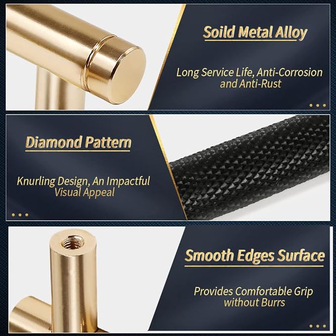 Knurled Cabinet Pulls 12 Pack, 3.5 Inch Long Cabinet Handles Metal Door Pulls, Kitchen Drawer Pull Knurled Dresser Handles - 2 1/2" Hole to Hole, Black & Gold