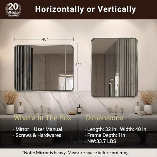 ANDY STAR 40x32 Inch Brushed Nickel Bathroom Mirror, Rounded Rectangle Bathroom Vanity Mirrors for Wall, Anti-Rust SUS304, Seamless Tube Metal Frame, 1’’ Deep Wall Mounted Vertically/Horizontal