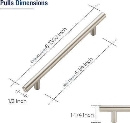 JOY DECOR 10 Pack Cabinet Handles, Brushed Nickel Cabinet Pulls, 6-1/4 in Hole Center Kitchen Cabinet Handles, Stainless Steel T Bar Handles for Dresser Drawers