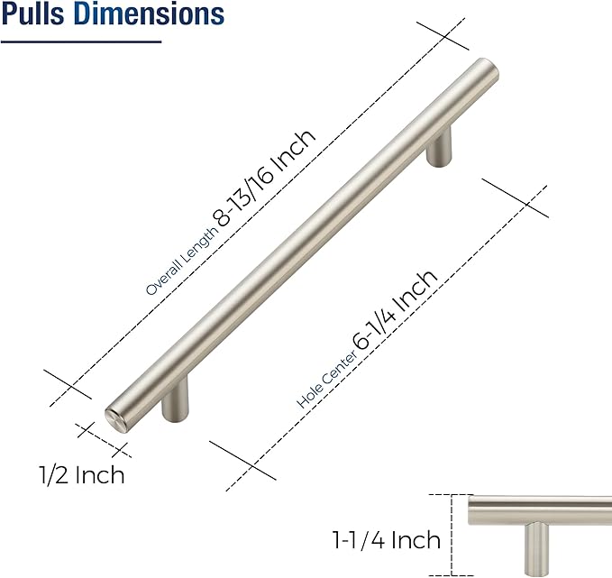 JOY DECOR 5 Pack Cabinet Handles, Brushed Nickel Cabinet Pulls, 6-1/4 in Hole Center Kitchen Cabinet Handles, Stainless Steel T Bar Handles for Dresser Drawers