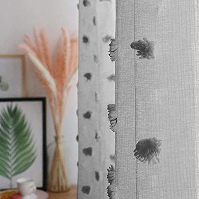 MYSKY HOME Grey Sheer Short Curtains with Pom Pom for Small Windows Bedroom Nursery Kids Girls Room Curtains Cafe Kitchen Light Filtering Boho Drapes, Rod Pocket,52x 45 Inches, 2 Panels