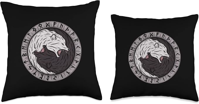 Nordic Country & Celtic Mythology Designs Viking Norway Norwegian Scandinavian Yin and Yang Wolf Odin Throw Pillow, 16x16, Multicolor