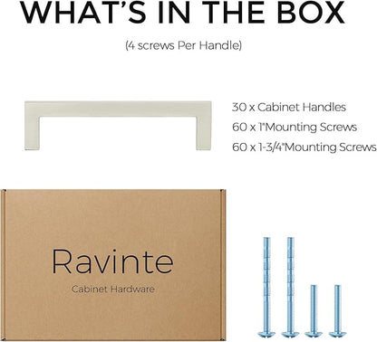 Ravinte 30 Pack Solid 4 Inch Center to Center Slim Square Bar Drawer Handles - Cabinet Hardware Brushed Nickel Pulls for Kitchen and Drawers