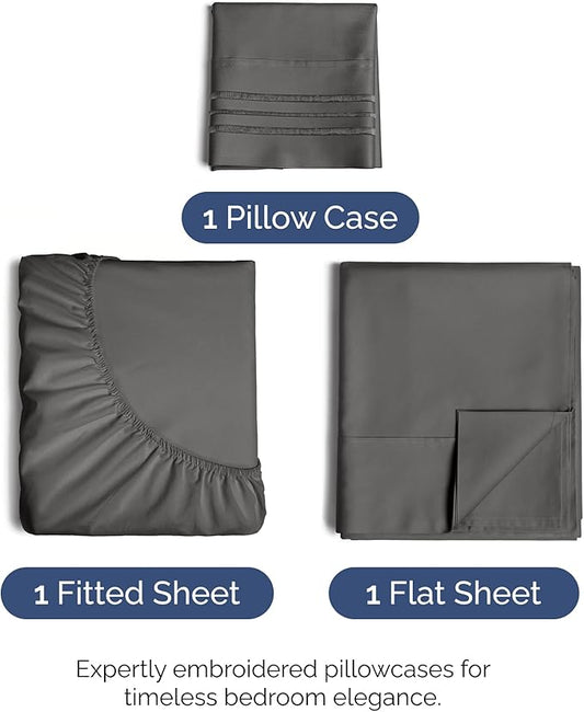 Twin Size 3 Piece Sheet Set - Comfy Breathable & Cooling Bed Sheets Set - Hotel Luxury Bedding for Women, Men, Kids, Teens, Boys & Girls - Deep Pockets, Ultra-Soft, Wrinkle Free - Oeko-Tex - Charcoal