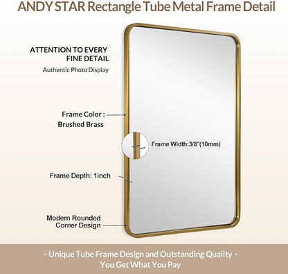 ANDY STAR 24x32 INCH Gold Bathroom Mirror, Brushed Brass Mirror, Rounded Rectangle Mirrors, Anti-Rust SUS304, Tube Metal Framed, 1’’ Deep Wall Mounted Vertically/Horizontal