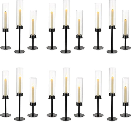 NUPTIO Hurricane Candle Holders Bulk: 18 Pcs Black Tapered Candlesticks Holder with Crystal Glass Cylinder Sleeves Metal Taper Candle Stick Holder for Christmas Thanksgiving Party Event Centerpieces