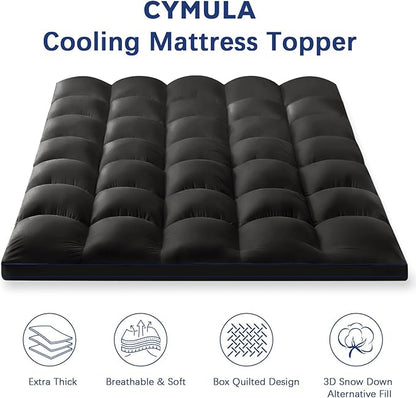 CYMULA Queen Mattress Topper, Black Mattress Pad Bed Topper Cover, Extra Thick Pillow Top Mattress Topper with Deep Pockets, Cooling Plush Down Alternative Fill Mattress Protector