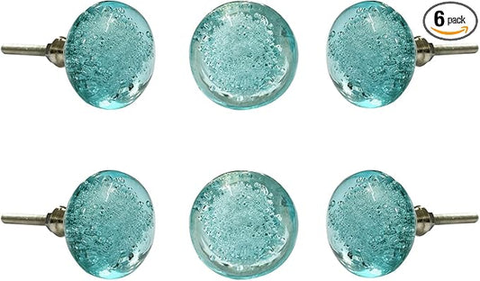 Perilla Home Set of 6 Crystal Bubble Knobs - Modern Light Blue Decorative Bubble Glass Pulls - for Home Decor Drawers, Knobs, Kitchen, Cabinet, Hardware, Cupboard, Door, Dresser, Wardrobe and Drawer