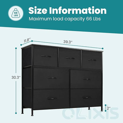 OLIXIS 7 Drawers Dresser for Bedroom, Fabric Storage Tower for Living Room, Entryway - Sturdy Steel Frame, Wooden Top & Easy Pull Fabric Bins, Closet Chests Organizer for Clothes, Black