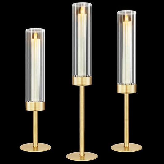 Glass Hurricane Candlestick Holders Gold, KSWING Set of 3 Taper Candle Holders Brass Tall Clear Candle Stand Holders, Perfect for Table Centerpiece Party Wedding Christmas Home Decor
