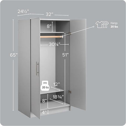 Prepac Elite 32" Storage Cabinet, Light Gray Storage Cabinet with Hanging Rail and Shelves for Living room, Kitchen and Laundry room 24.5" D x 32" W x 65" H