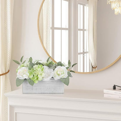 DILATATA Flower Arrangement with Wooden Vase 10" Artificial Flowers in Pot - Fake Flowers in White Rectangular Wooden Vase Potted Faux Flower Centerpieces for Table Decor Living Room - White