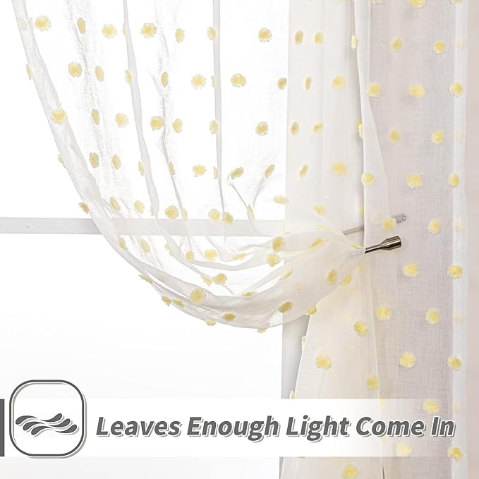 MYSKY HOME Yellow Curtains for Girls Bedroom Nursery Pom Pom Curains for Boys Girls Kids Room White Sheer Curtains for Living Room Playroom Rod Pocket Window 52" x 63" Set of 2