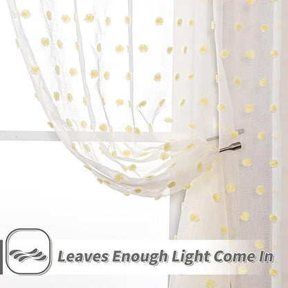 MYSKY HOME Yellow Pom Pom Curtains - 108 Inch Long Large Sheer Mustard Curtains for Living Room - Sliding Door Light Filtering Rod Pocket Window Panels - 52 x 108 inch - 2 Pieces