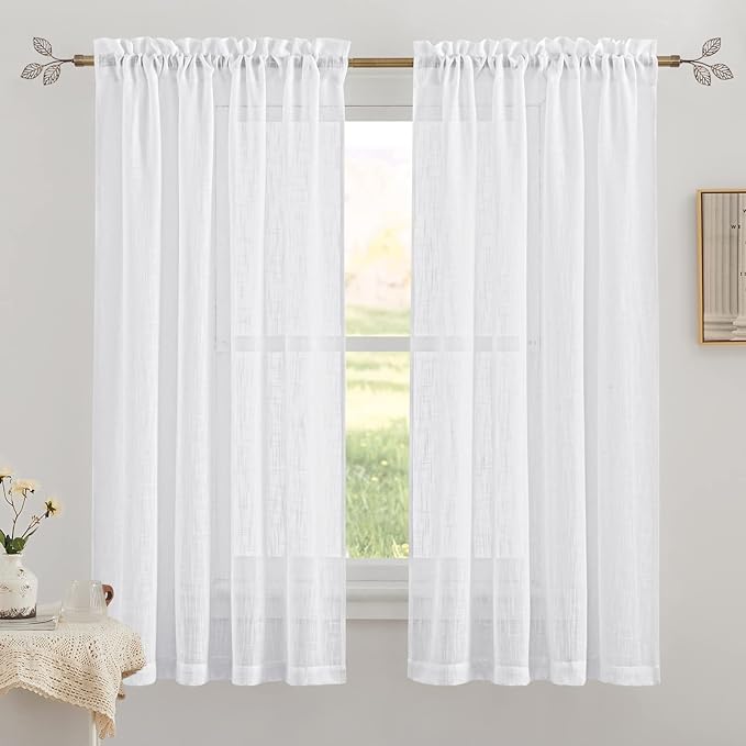RYB HOME White Sheer Curtains, Extra 66 inches Widith Rod Pocket Light Filtering Breathable Semi Sheer Curtains for Living Room, W 66 x L 63 inches, 2 Panels Set