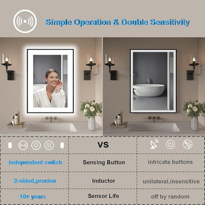 24 x 36 Inch LED Bathroom Mirror with Black Frame, Lighted Bathroom Mirrors for Vanity with Super Bright Front Light + Backlit, Anti-Fog, 3 Colors Stepless Dimmable Motion Sensor Smart Restroom Mirror
