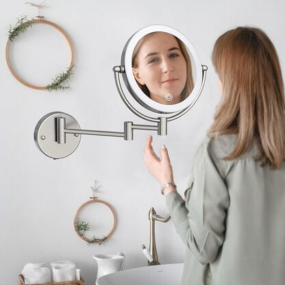 Makeup Mirror Wall Mounted with Lights and 10X Magnification, 8 Inches Rechargeable Double Sided Magnifying, Touch Dimmable Extended Arm 360 Rotation, Foldable Cosmetic Mirror Brushed Nickel