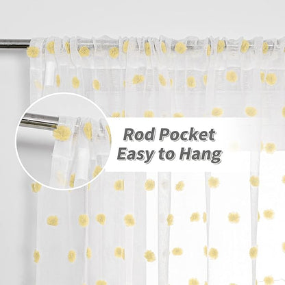 MYSKY HOME Yellow Pom Pom Curtains - 108 Inch Long Large Sheer Mustard Curtains for Living Room - Sliding Door Light Filtering Rod Pocket Window Panels - 52 x 108 inch - 2 Pieces