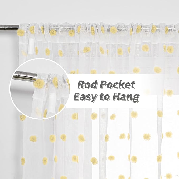 MYSKY HOME 95 Inch Length Long Pom Pom Curtains for Bedroom, Living Room & Sliding Doors - Yellow Sheer, Mustard Backdrop - 52 x 95 in, 2 Panels