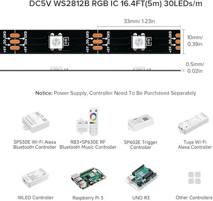 BTF-LIGHTING WS2812B RGB ECO LED Strip, Chasing Effects 5050SMD Individually Addressable 16.4FT 30Pixels/m 150Pixels Flexible Dream Color IP65 for Bedroom DIY Projects DC5V(No Adapter or Controller)