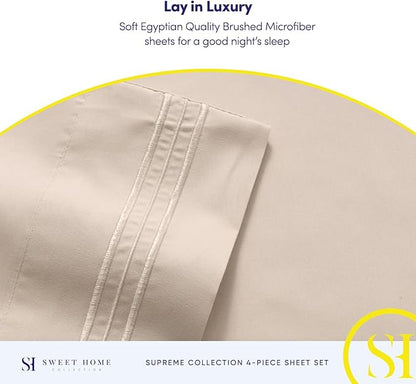 RV Queen Bed Sheets - Breathable Luxury Sheets with Full Elastic & Secure Corner Straps Built In - 1800 Supreme Collection Extra Soft Deep Pocket Bedding Set, Sheet Set, RV Short Queen, Beige