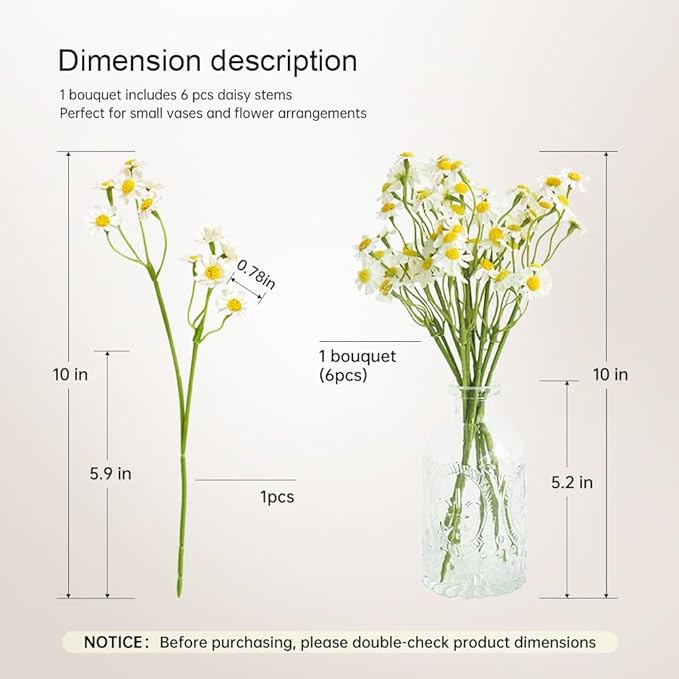 Small White Daisy Flowers Artificial,2 Bouquet/12Pcs 10 Inch Fake Daisies,Spring Wild Flower for Party Decor (Vase Not Inclouded)