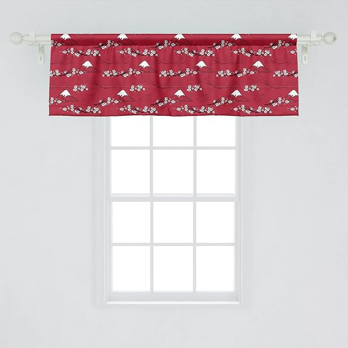 Lunarable Japanese Window Valance Pack of 2, Traditional Art Sakura Blossoms Abstract Hill Mountains Illustration, Rod Pocket Curtain Valances for Kitchen Bedroom, 54" X 18", Raspberry White