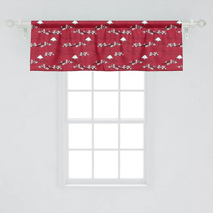 Lunarable Japanese Window Valance Pack of 2, Traditional Art Sakura Blossoms Abstract Hill Mountains Illustration, Rod Pocket Curtain Valances for Kitchen Bedroom, 54" X 18", Raspberry White