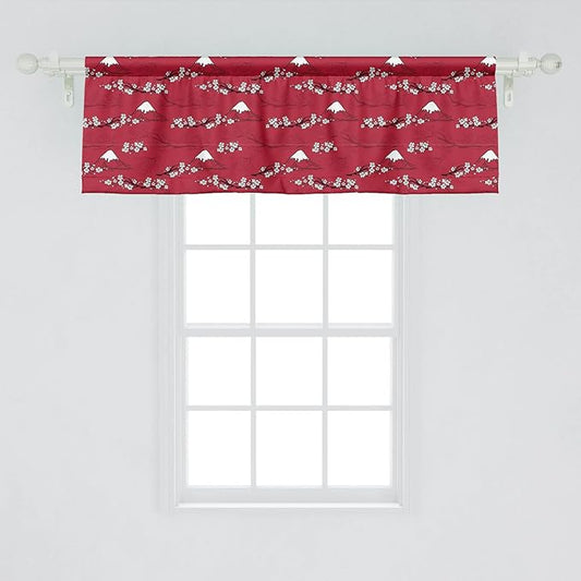 Lunarable Japanese Window Valance Pack of 2, Traditional Art Sakura Blossoms Abstract Hill Mountains Illustration, Rod Pocket Curtain Valances for Kitchen Bedroom, 54" X 18", Raspberry White