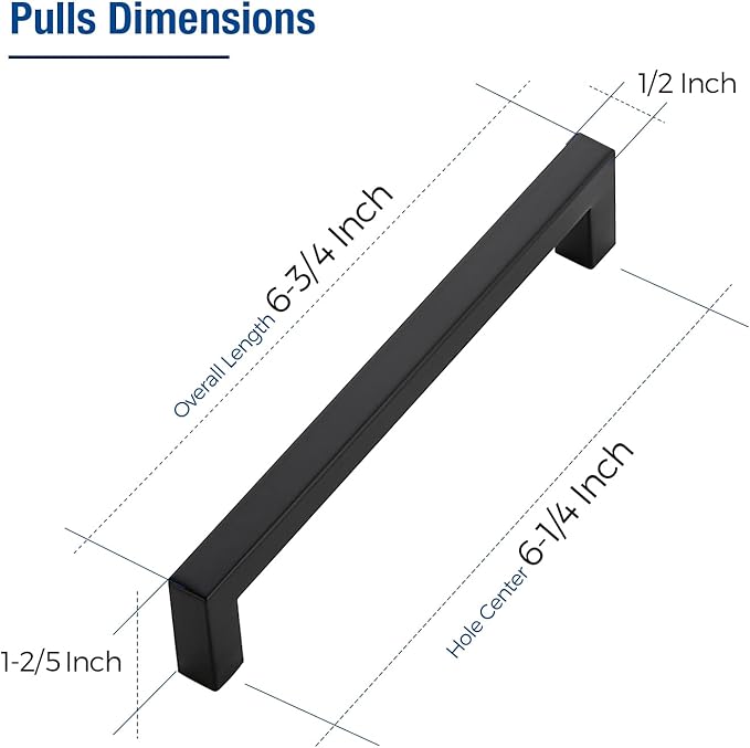 JOY DECOR 10 Pack Cabinet Handles, Black Cabinet Pulls, 6-1/4 Inch Kitchen Closet Handles Square Drawer Pulls Stainless Steel Drawer Hardware, 160mm Hole Centers