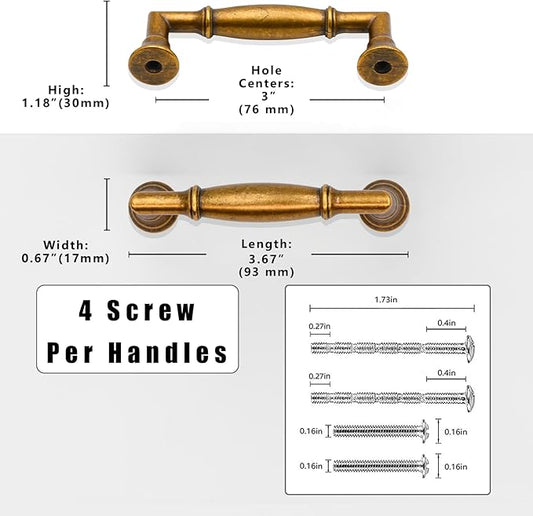 10 Pack Antique Brass Cabinet Pulls 3 Inch(76mm) Kitchen Cabinet Handles Solid Zinc Alloy Cabinet Hardware Drawer Pulls
