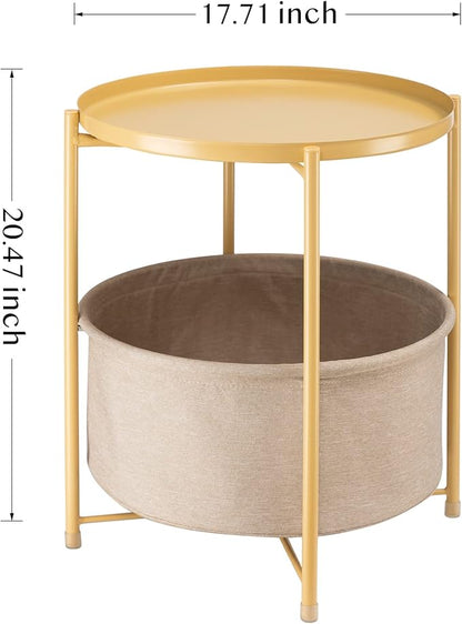 danpinera Round Side Table with Fabric Storage Basket, Metal Side Table Small Bedside Nightstand with Removable Tray Top for Living Room, Bedroom, Nursery, Laundry, Pale Yellow