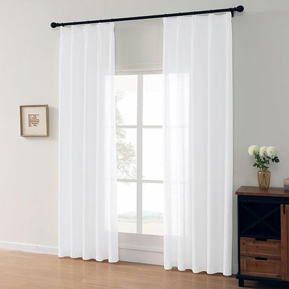 White Sheer Curtains 108 Inches Long, Cotton Linen Textured Light Filtering Drapes, Privacy Living Room Window Decor, Semi-Transparent Floor to Ceiling Pinch Pleat Curtain with Hooks